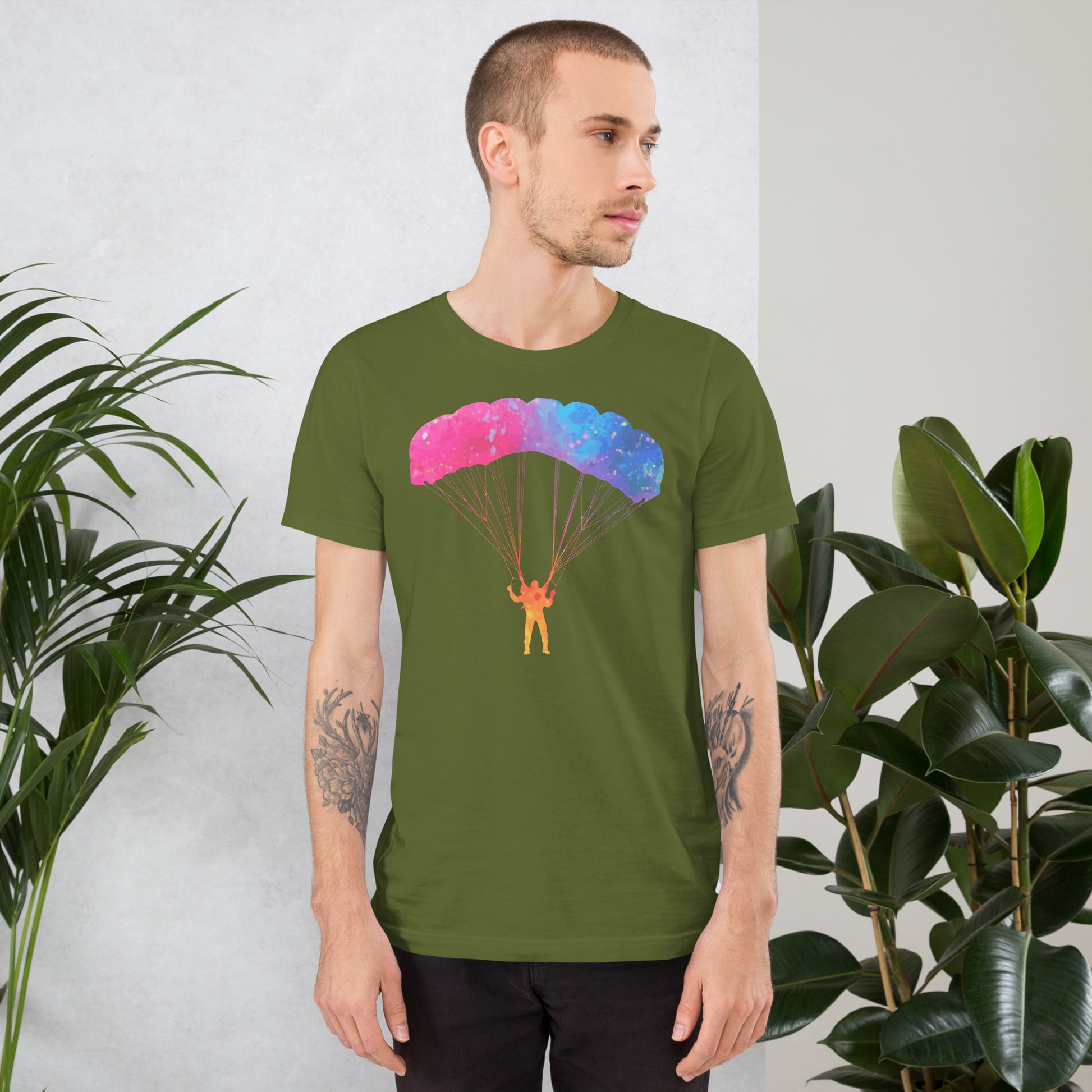 Watercolor parachute t-shirt olive